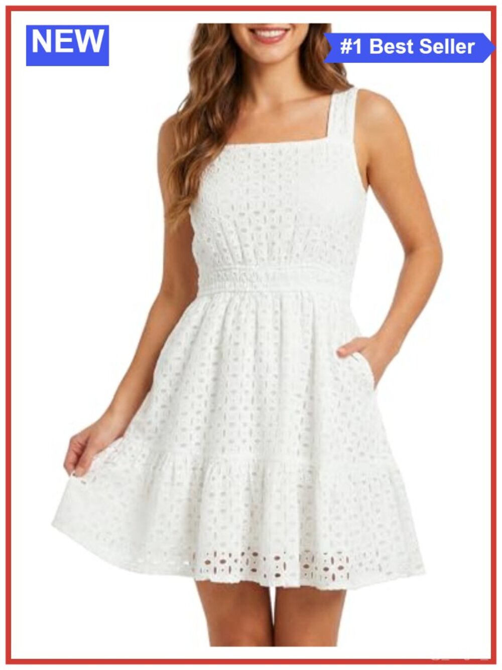 Womens Cotton Eyelet Mini Dress Smocked Waist Sleeveless A-Line